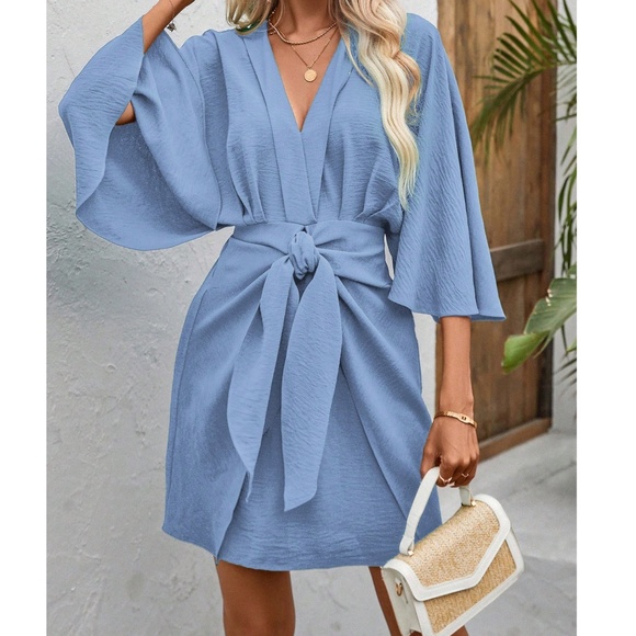 Dresses & Skirts - Solid V neck 3/4 Kimono Sleeve Stretchy Tie Waist Dress